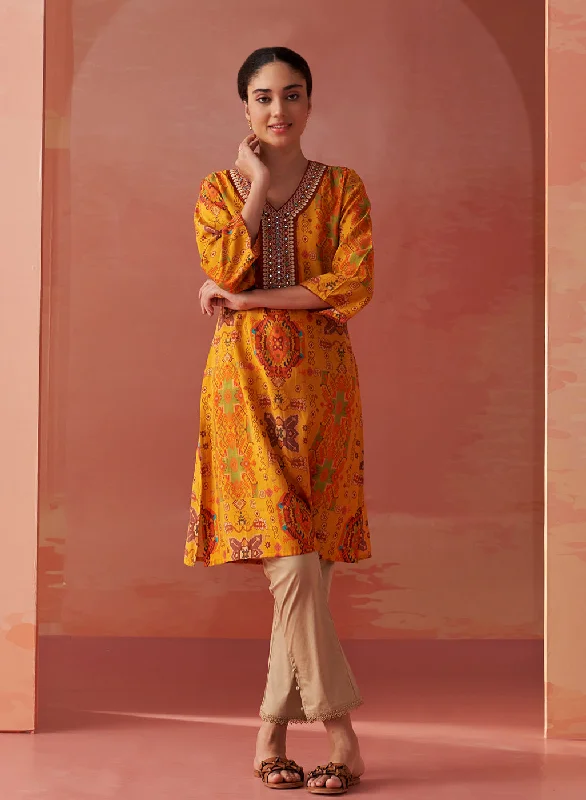 Cozy Comfort Style Sale Abeera Mustard Printed Chanderi Straight Mirror Work Kurta