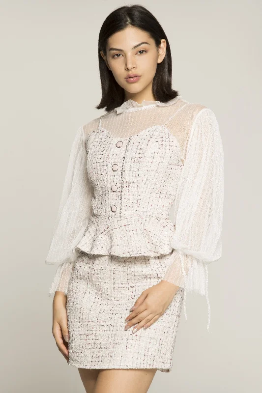 You'll Love Us Because Cream Bell Sleeves Tie Up Collar Tweed Top and Bottom