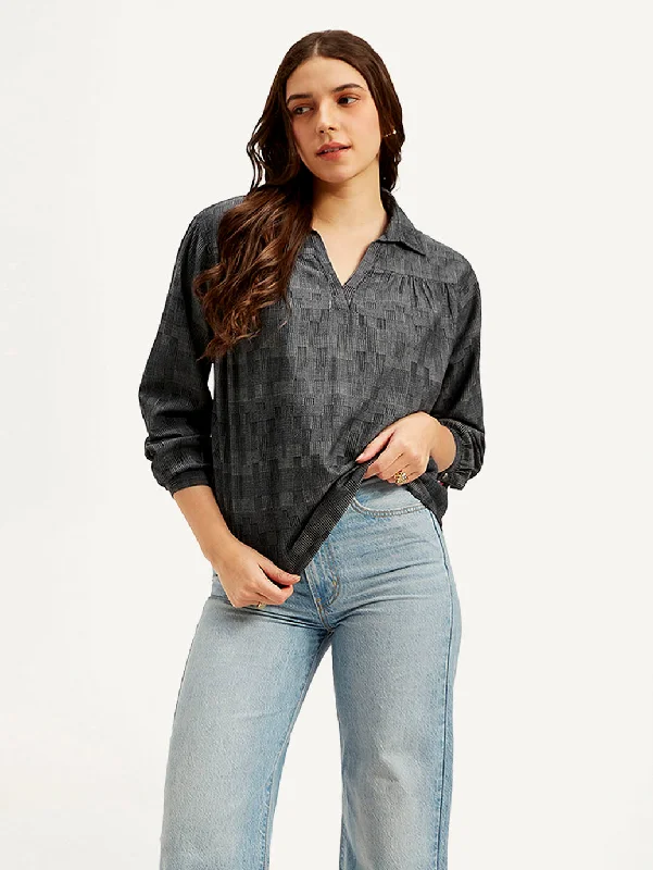 Hot Sale Women's Abstract Charcoal Grey Spread Collar Top
