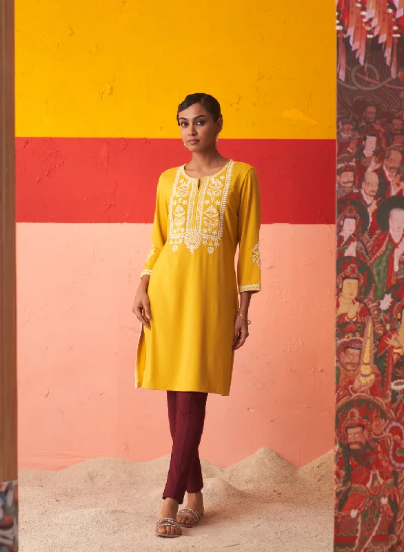 Exclusive Sale Mustard Kurta for Women with Threadwork and Lace Detailing
