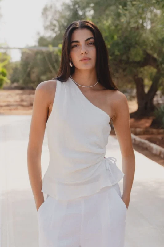 Budget Friendly Fairytale White Linen One Shoulder Cutout Top