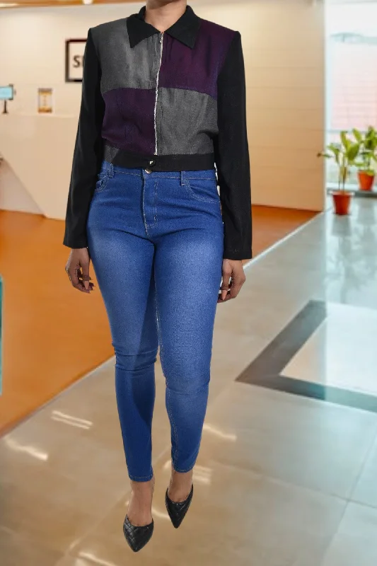 Dive Into Trendy Styles Purple And Black Zip Top