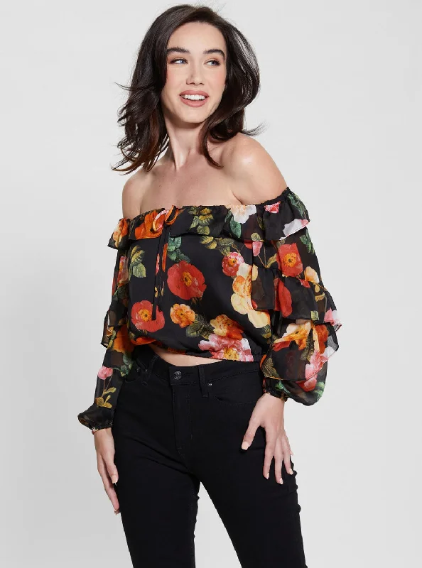 Step Ahead, Lead The Trend Black Floral Shani Ruffle Top