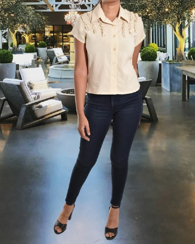 Chic & Modern Sales Beige Button Front Ruffle Detail Top