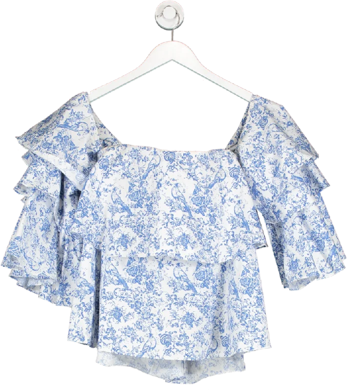 Exclusive Discount Caroline Constas Blue Off The Shoulder Tiered Ruffle Top In Floral Print UK XS Exclusive Discount Caroline Constas Blue Off The Shoulder Tiered Ruffle Top In Floral Print UK XS