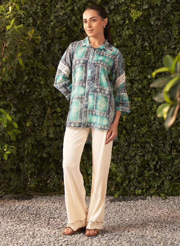 Forward Trendsetter Lyla Sea Green Printed Cotton Jacquard Straight Shirt for Women