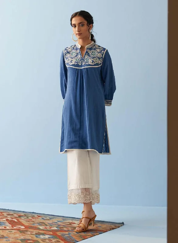 Exclusive Deals Online Blue Embroidered Thigh Length Crinkled Kurti