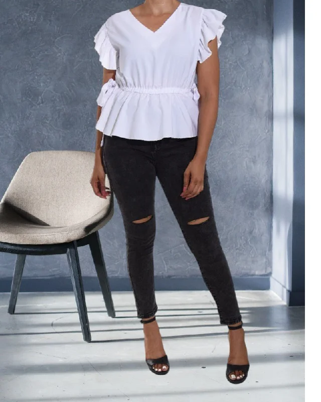 Crazy Price Slashing Ladies Flutter Sleeve White Peplum Top