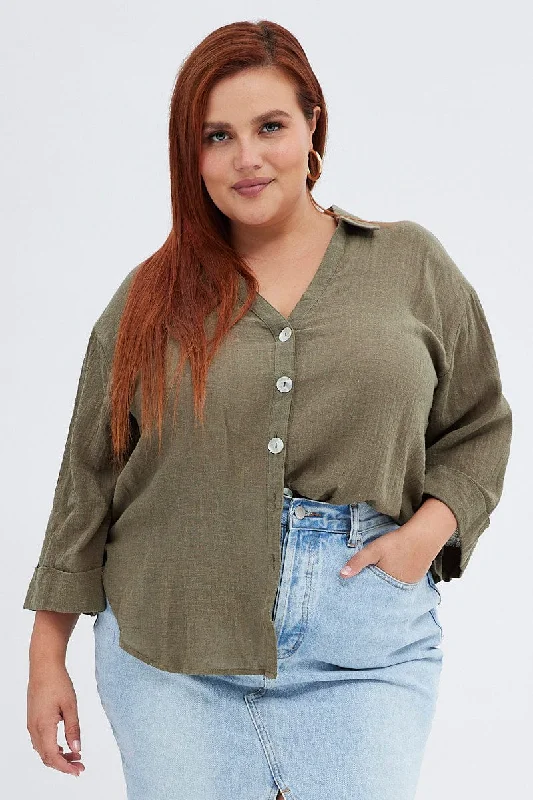 Athleisure Style Sale Green Relaxed Shirt Three Quarter Sleeve V-neck
