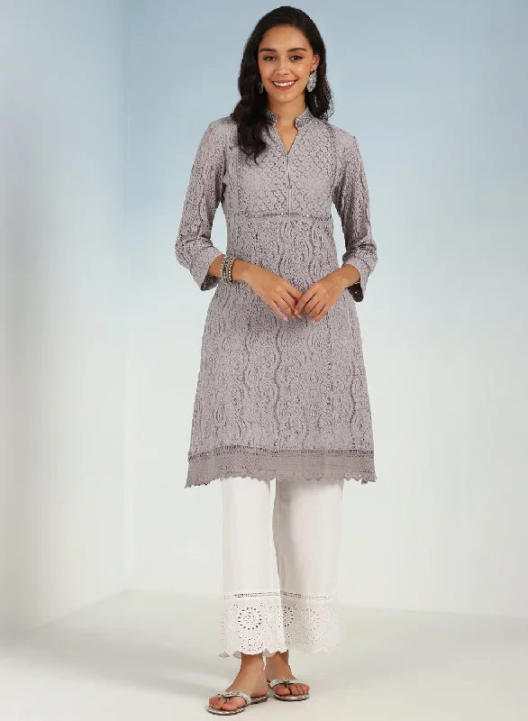 Everyday Elegance Sale Mirror Work Grey Kurta with Floral Motifs