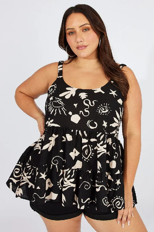 Budget-Friendly Fashion Black Abstract Tiered Top Sleeveless