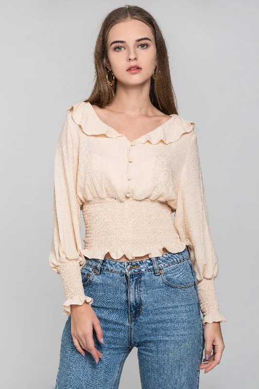 Fresh Fashion Discounts Beige Smocked Waist Ruffle Collar Blouson Top
