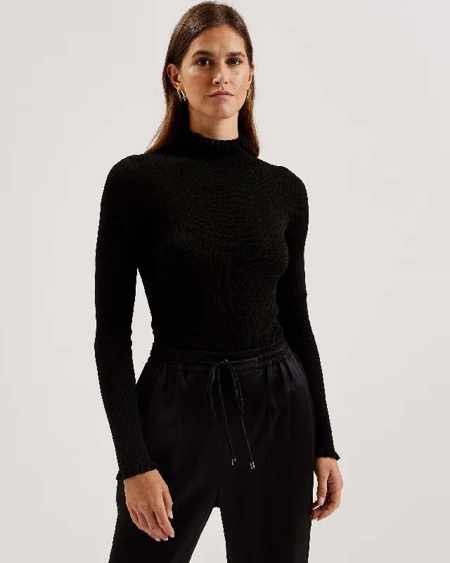 Sophisticated Fashion Janittt Rib Funnel Neck Frill Jumper Black