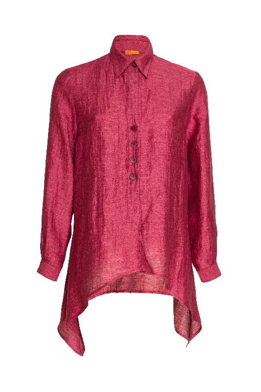 Budget-Friendly Fashion 4 Button Uneven Hem Shirt - Raspberry Linen 9738