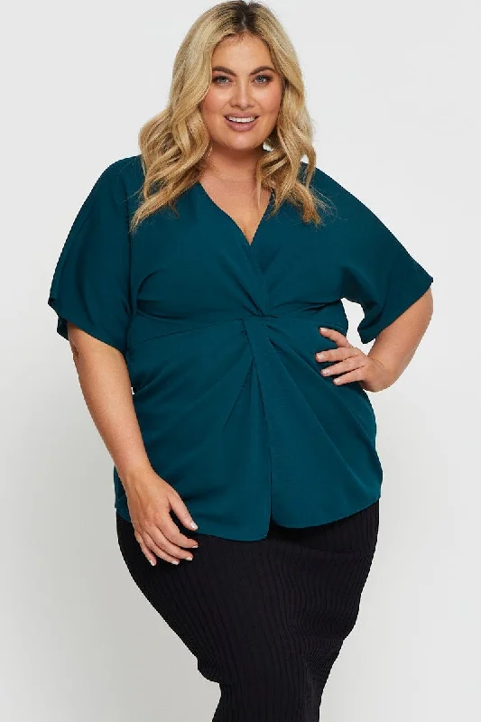 Seasonal Sale Green Sleeve Top Twist Front Flutter