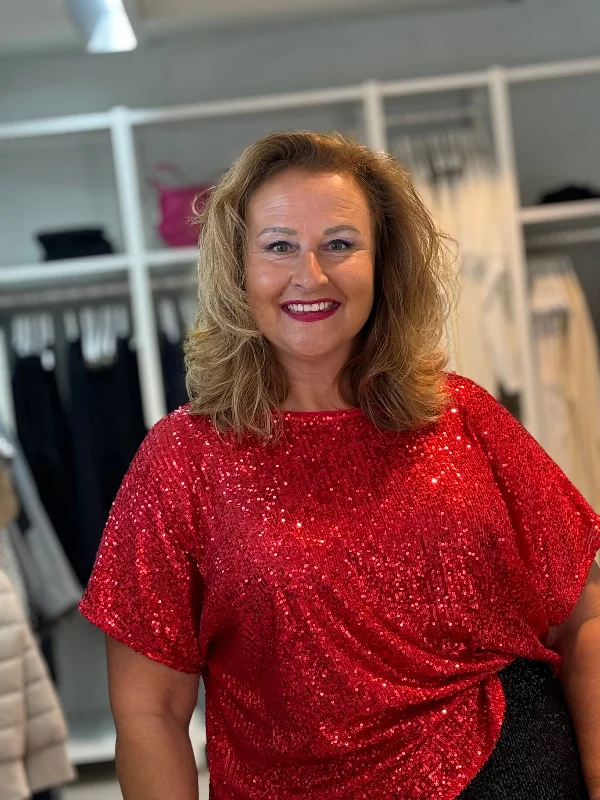 Fashionable Comfort Promotions rode top met pailletten en korte mouwen