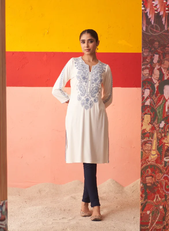 Hot Trends White Straight Kurta for Women with Threadwork