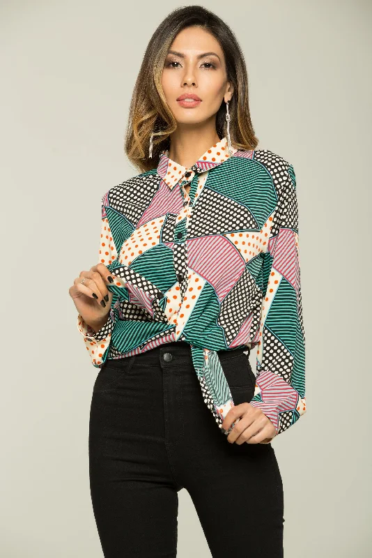 Style Breakthroughs Polka and Stripes Print Button-up Top