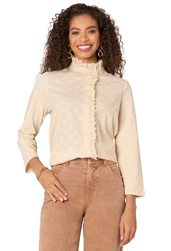 Limited Styles Three Quarter Sleeve Ruffle Button Placket Mixed Media Woven Shirt