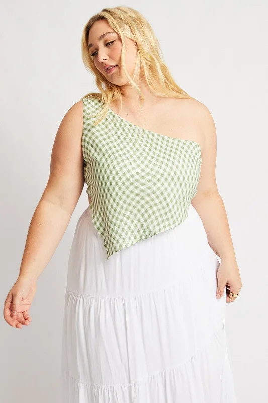 Trendy Street Style Green Check Scarf Top One Shoulder