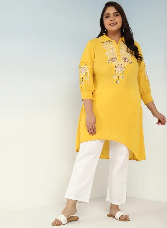 Casual Fashion Yellow Kurti with Embroidery and Gathered Cuff