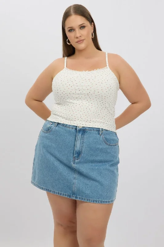 Daring Fashion Promotions White Ditsy Singlet Top Scoop Neck Lace Trim