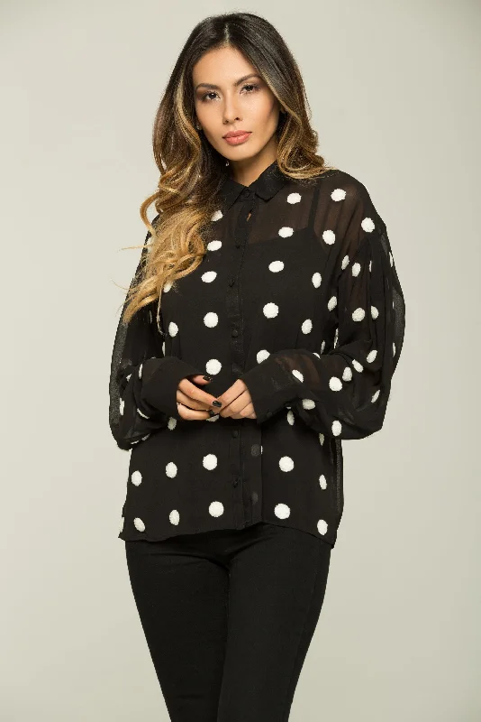 Explore What's New Black and White Polka dots Sheer Shirt Top