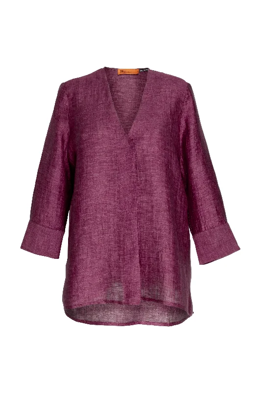 Stylish Savings 3/4 Sleeve Front Pleat Top - Raspberry Linen 9741