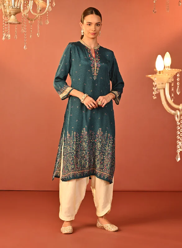 Sustainable Fashion Extravaganza Mehak Teal Blue Printed Viscose Long Kurta for Women