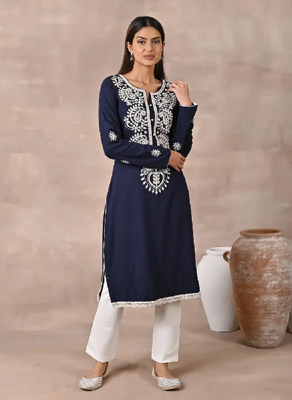 Clearance Sale, All Cheap Navy Blue Woolen Kurta with Fine Embroidery