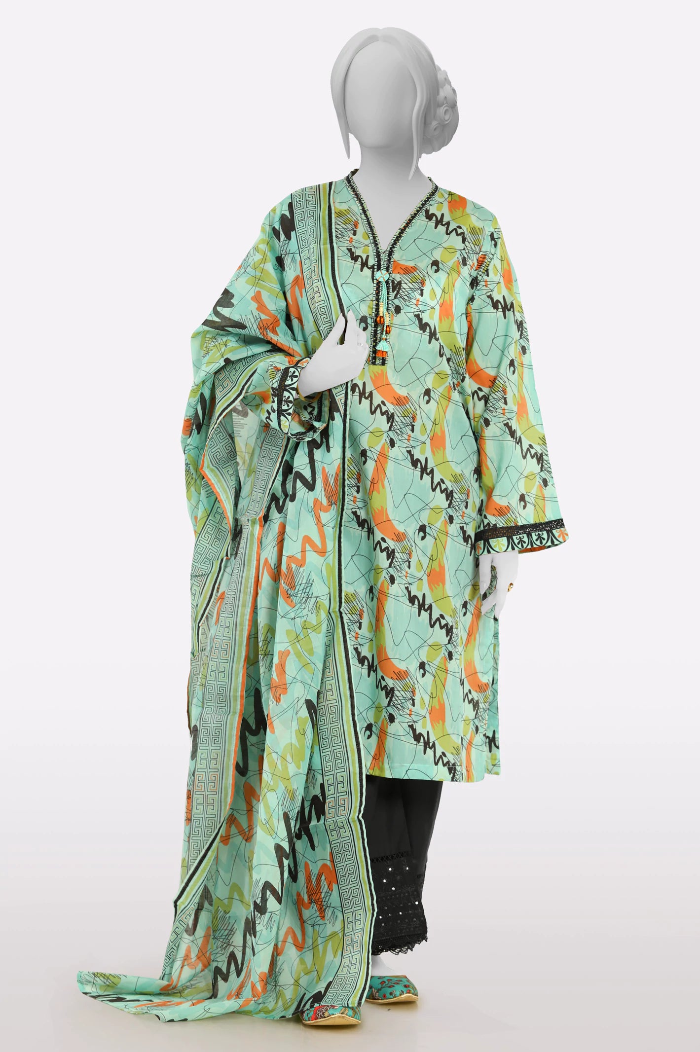 Quick Grab Deals Sea Green Printed Kurti With Dupatta
