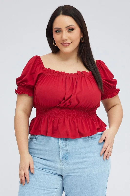 Fast Fashion Favorites Red Smock Detail Top Square Neck
