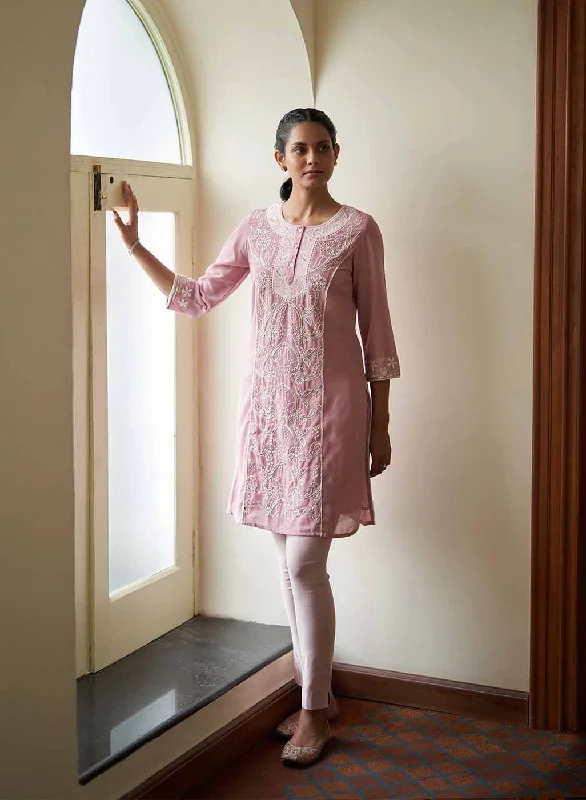 Popular Collection Solid Pink Round Neck kurti with Sequins Work