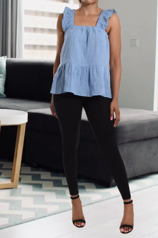 Sophisticated Style Offers Blue Ruffle Top