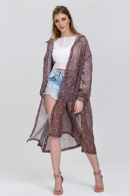 Chic Style, Always In Vogue Brown Vintage Floral Print Sheer Shirt Robe Top