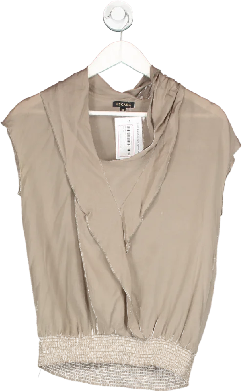 Chic Trends Unveiled Escada Brown Ruffle Front Silk Top UK 6
