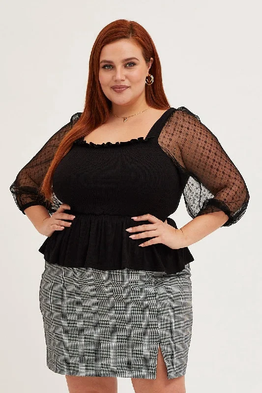 Hot Deals Black 3/4 Lace Sleeve Rib Jersey Peplum Top