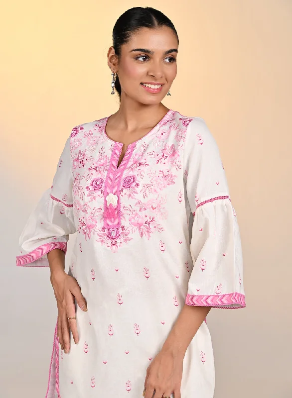 Trendy Threads Gulshan Ivory with Fuschia Printed Cotton Linen Kurta
for Women