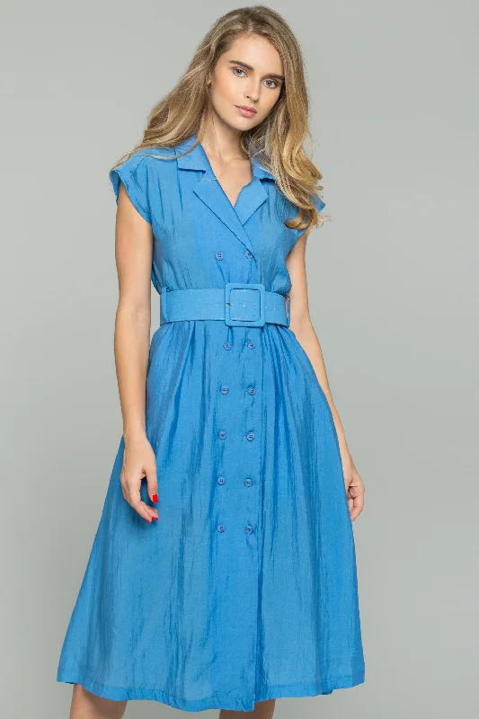 Hot Styles Blue Double Buttoned-Down Belted Shirt Dress