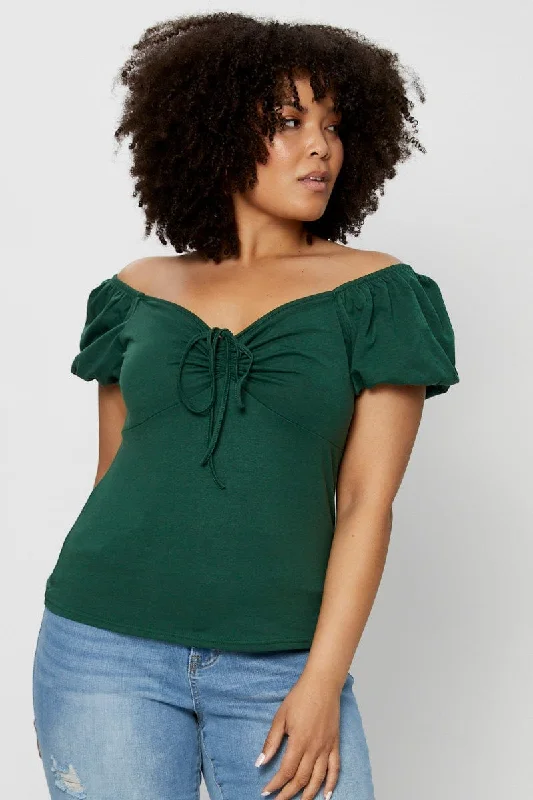 Statement Fashion Offers Green Top Off The Shoulder Puff Sleeve Tie Up