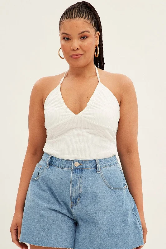 Sophisticated Style Offers White Halter Top Rib Jersey Gather Bust Detail