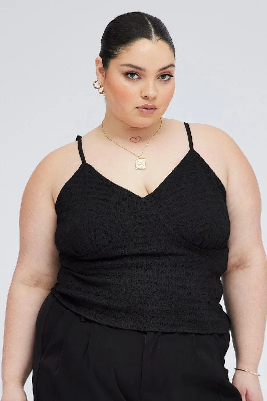 Fashion Frontiers Black Textured Singlet Top V-neck