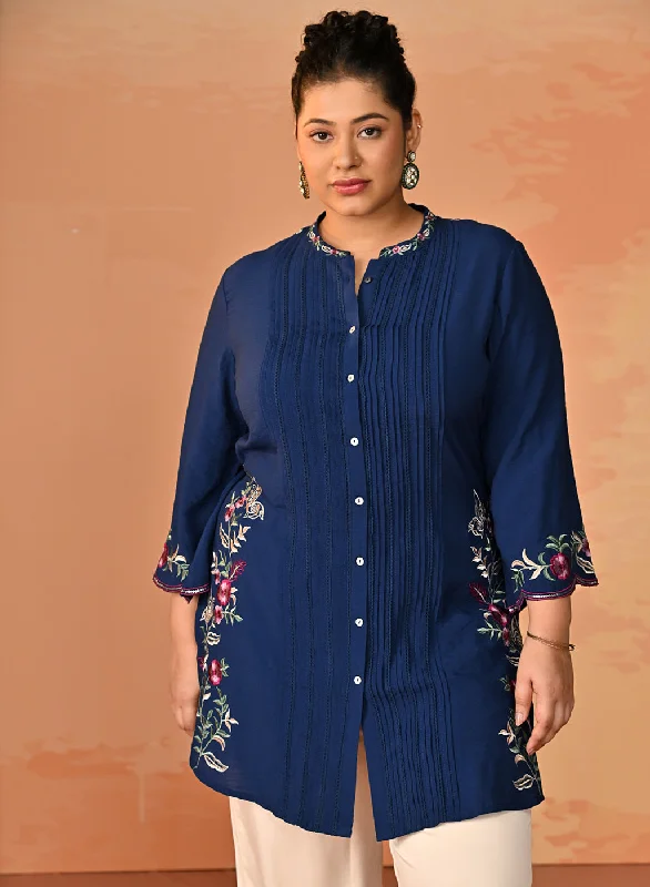 Limited Time Deal Yumna Navy Embroidered Rayon Shirt for Women
