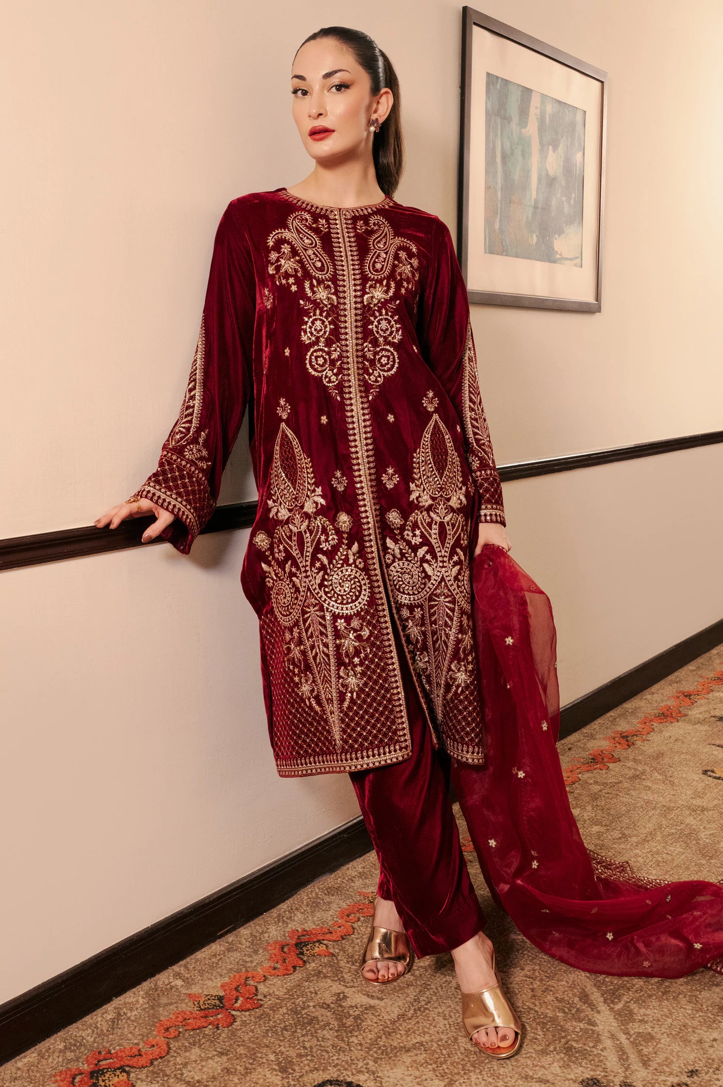 Modish Fashion Discounts Maroon Embroidered 3PC