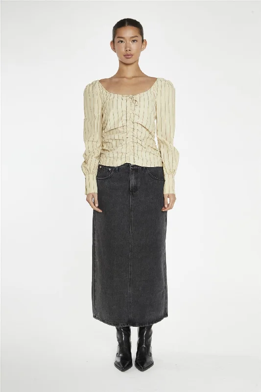 Refined Fashion Sale Straw-Gold Stripe Gathered-Front Top