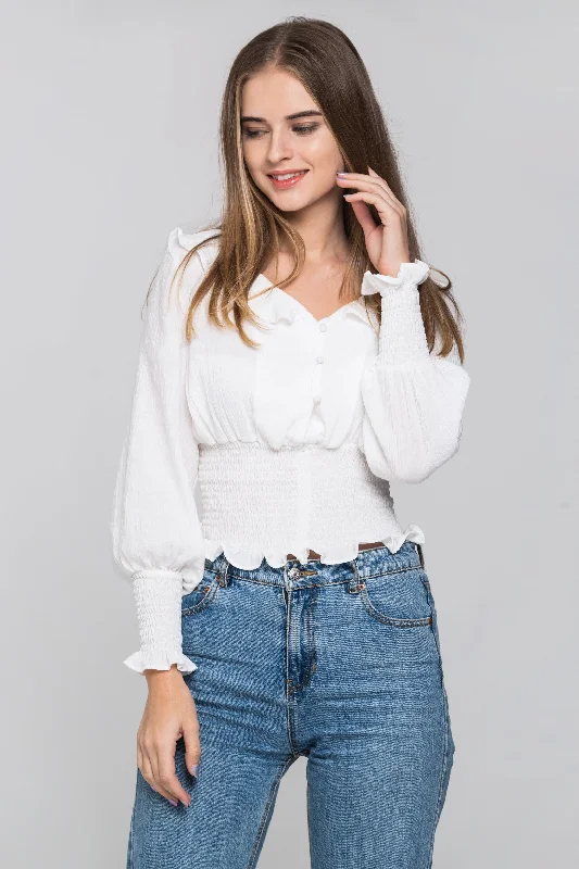 Fashion Sale White Smocked Waist Ruffle Collar Blouson Top