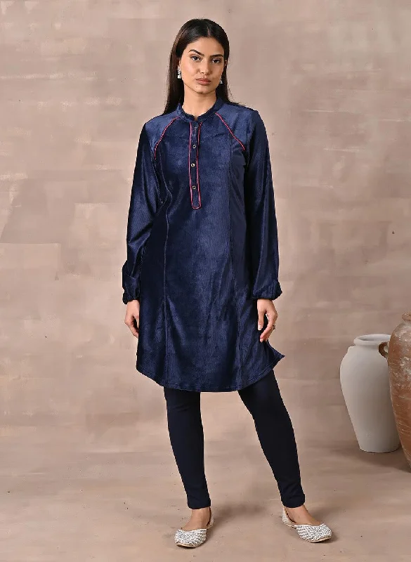 Unleash Your Trendy Side Navy Blue Princess Cut Solid Kurta with Gathered Sleeves