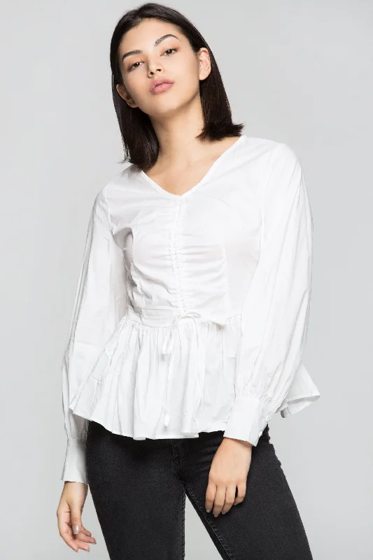 Stylish Savings White Full Sleeves Cinched Peplum Top