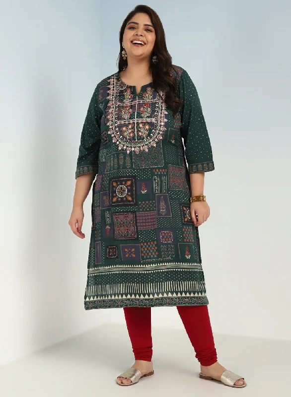 Chic & Modern Sales Green Printed Embroidered Kurta with Embellished Front Yoke