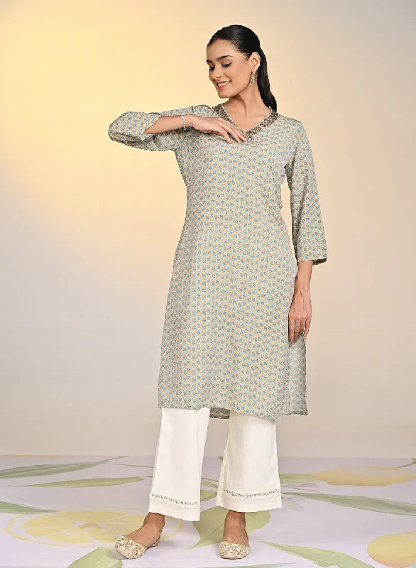 Insane Discount Onslaught Nadia Light Green Printed V-Neck Kurta For Women